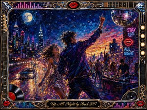 A vibrant nighttime city erupts with music and motion as a dancing couple dominates the foreground beneath a glowing moon and mirrored disco ball. Electric blues, magentas, golds, and fiery oranges shimmer across wet streets and crowds. Thick impressionistic brushwork, neon signs, instruments, records, and ornate musical framing create exhilarating all-night energy.