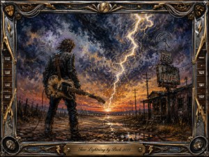 A lone guitarist stands on a rain-darkened roadside beneath a violent lightning storm, facing a glowing horizon beside a weathered Route 66 blues shack. Deep blues, smoky grays, rusty oranges, and electric gold create a gritty, charged mood. Thick painterly textures, sound-wave motifs, and an ornate metallic music-themed frame intensify the raw Americana atmosphere.
