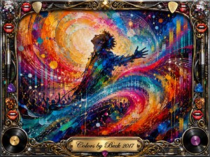 A jubilant central figure stretches upward amid sweeping ribbons of saturated orange, turquoise, crimson, pink, and blue. Energetic musical lines, equalizer patterns, and dancing silhouettes fill the abstract acrylic-style scene. Bright, radiant lighting heightens the celebratory mood, while an ornate chrome-and-gold frame, vinyl records, red lips, and engraved title plate complete the vivid composition.