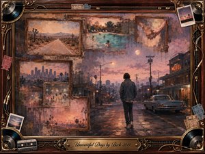A solitary figure walks down a quiet twilight street, surrounded by faded framed memories of desert roads, swimming pools, clasped hands, city lights, and distant amusement rides. Warm rose, violet, and amber tones soften the melancholy scene, while vintage vehicles, motel lights, records, cables, tickets, and ornate woodwork create a nostalgic mixed-media collage.