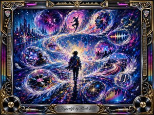A lone figure walks into a radiant cosmic horizon as feathered bubbles sweep through the scene in a flowing S-curve, revealing neon cities, faces, music, screens, and highways. Electric blues, purples, pinks, and gold glow with energetic acrylic texture, framed by ornate chrome, instruments, vinyl, cables, and luminous equalizers.