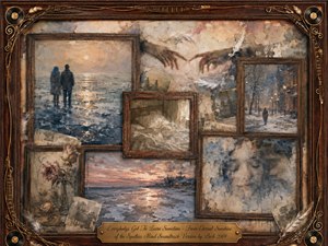 A nostalgic collage of fading memories unfolds within ornate rosewood frames, showing a couple on an icy shore, a quiet snowy street, empty bedding, roses, and a dissolving face. Muted blues, sepia browns, and warm golds glow softly, while feathers, records, musical lines, and weathered textures deepen the melancholic dreamlike mood.