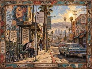 A sunlit East Los Angeles street unfolds in warm gold, turquoise, rust, and faded red, framed by weathered painted wood and metal details. Palm trees, murals, vintage cars, storefronts, bicycles, and pedestrians create a lively neighborhood rhythm. The richly textured, painterly scene feels nostalgic, vibrant, gritty, and affectionate.