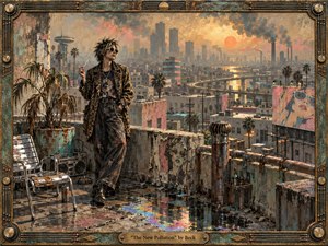 A stylish figure stands on a decaying rooftop above a polluted retro-futurist city, surrounded by peeling paint, rusted metal, palms, smokestacks, and neon-washed buildings. Warm sunset light cuts through industrial haze, reflecting in oily puddles. The textured mixed-media realism blends grunge, urban decay, surreal color, and rebellious 1990s cool.