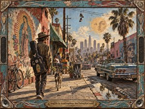 A lone guitarist walks with a dog through a sunlit Los Angeles neighborhood of murals, palm trees, street vendors, bicycles, and vintage cars. Warm golds, dusty turquoise, and faded reds create a playful, nostalgic mood. Detailed mixed-media textures, weathered surfaces, dramatic perspective, and an ornate musical frame enrich the lively urban scene.