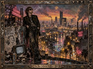 A disheveled figure overlooks a sprawling industrial city glowing beneath a smoky orange-purple sky. Neon signs, smokestacks, traffic, polluted waterways, and discarded objects create a restless, dystopian mood. Richly textured painterly surfaces, grimy metallic framing, warm streetlights, and saturated reflections blend retro urban decay with surreal, rebellious energy.