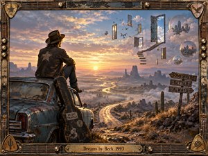 A lone traveler sits on a weathered blue car overlooking a glowing desert highway beneath a pastel sunset. Floating doors, stairways, birds, and mirrored city spheres create a surreal dreamscape. Warm gold light contrasts with dusty blues and browns, while the instrument-inspired frame adds tactile, vintage detail.