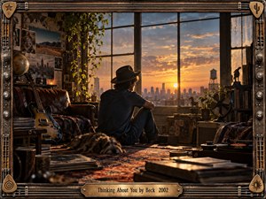 A solitary musician sits with his dog in a weathered loft, gazing across a glowing city sunset. Warm amber light, deep shadows, guitars, records, plants, and travel fragments create a wistful, intimate atmosphere. Cinematic photographic realism and a rugged instrument-inspired frame reinforce themes of memory, longing, reflection, and quiet emotional distance.
