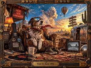 A goggle-wearing dog lounges in a worn armchair amid a surreal desert roadside filled with records, instruments, neon signs, vintage luggage, an Airstream, and a disco ball. Warm sunset light, vivid blues and golds, and playful symbolic details create a whimsical, nostalgic, psychedelic mixed-media atmosphere.