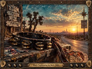 A battered black tambourine rests on a weathered roadside trunk beneath a glowing desert sunset, framed by Joshua trees, utility poles, and a distant skyline. Warm gold and teal light create a dusty, restless mood, while worn signs, patterned fabric, and guitar-inspired metalwork give the cinematic composition a gritty retro-rock character.