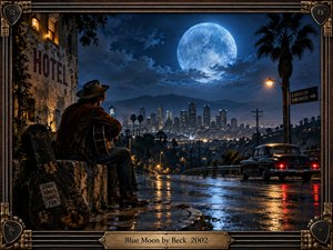 A solitary guitarist rests beside a rain-slick hillside road, gazing toward a glowing city beneath an enormous blue moon. Deep indigo skies, warm streetlights, reflective pavement, and vintage details create a wistful cinematic mood. Ornate guitar-inspired framing and weathered textures reinforce the artworks intimate, nocturnal melancholy.