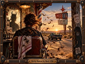 A windswept figure sits in a weathered barber chair beside a lonely desert roadside shop, surrounded by swirling hair and dust. Warm sunset light, faded motel signage, a departing classic car, and a horned shadow in the mirror create a surreal, restless 1990s mood within an ornate guitar-inspired frame.