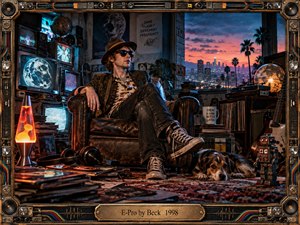 A relaxed musician lounges in a worn leather chair inside a cluttered retro-futurist studio, surrounded by glowing CRT screens, records, guitars, a lava lamp, and a resting dog. Warm orange sunset light contrasts with cool blue electronics, while industrial framing, analog textures, and playful details create a surreal, energetic lo-fi atmosphere.