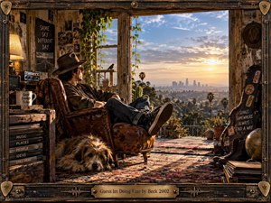 A relaxed man in a worn leather chair overlooks a glowing city at sunset from a weathered studio filled with records, guitars, plants, books, and vintage equipment. Warm gold light contrasts with deep browns and faded textures, creating a reflective, quietly hopeful mood framed by distressed musical hardware and engraved brass.