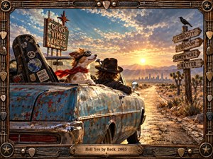 A weathered blue convertible crosses a sunlit desert highway toward a distant city, carrying a scarfed, goggle-wearing dog and a relaxed traveler. Golden sunset light, rugged mountains, roadside signs, and playful surreal details create an adventurous retro mood. An ornate guitar-themed metal frame reinforces the music-driven character.