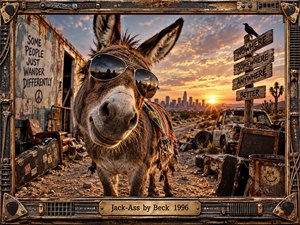 A sunglasses-wearing donkey stands in a dusty desert junkyard at sunset, wrapped in a colorful woven blanket and surrounded by rusted vehicles, amplifiers, scattered cases, and weathered signs. Warm orange light, gritty photographic detail, playful symbolism, and a rugged instrument-inspired frame create a rebellious, offbeat road-worn atmosphere.