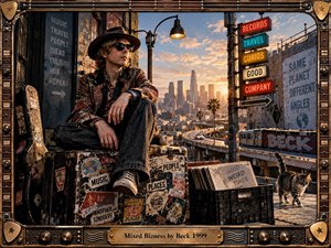 A stylish figure lounges on weathered road cases above a sprawling sunset city, surrounded by record crates, graffiti, transit lines, signs, and a wandering cat. Warm gold, rust, black, and faded neon tones create a restless retro mood, framed by detailed amplifier hardware, guitar strings, picks, and brass ornamentation.