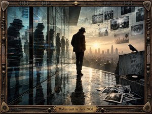 A solitary man in a dark hat stands on a rain-slick rooftop above a hazy city, surrounded by mirrored reflections and suspended monochrome images. Warm sunset light clashes with cold blue glass and industrial shadows, creating a tense, introspective mood. An ornate metallic frame and crow add vintage, symbolic detail.