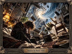 A weary figure sits hunched in a distorted room as furniture, records, photographs, and debris drift toward a spiraling city beyond the window. Warm amber lamplight contrasts with cold blue daylight, creating anxious vertigo. Cinematic surrealism, warped perspective, turbulent motion, and an industrial metal frame intensify the uneasy mood.