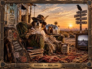 A cool dog in sunglasses lounges on a battered armchair in a surreal desert junkyard at sunset, surrounded by records, luggage, a vintage trailer, signs, and an old television. Warm gold and rust tones, gritty textures, long shadows, and retro photographic detail create a playful, eccentric, slightly melancholic atmosphere.