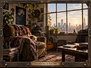 A warmly lit musicians apartment overlooks a hazy city skyline at sunset, blending quiet isolation with nostalgic comfort. A sleeping dog rests in a worn armchair beside records, plants, photographs, an acoustic guitar, and handwritten notes. Golden light, earthy colors, cinematic realism, and a detailed metal-and-wood frame create reflective stillness.