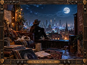 A solitary musician overlooks a glittering city from a weathered rooftop retreat, surrounded by records, guitar, sleeping dog, plants, and scattered sketches. Deep blues contrast with warm amber lights beneath a luminous moon. Cinematic realism, textured shadows, vintage details, and an amplifier-inspired frame create a restless yet reflective nocturnal mood.
