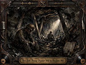 A weary miner sits beneath shattered timber supports in a collapsed, dust-filled mine, while another figure faces a distant shaft of pale light. Charcoal, watercolor, and gouache textures deepen the somber mood with blacks, browns, ochres, and gray-blue shadows. An ornate industrial music-themed frame and engraved brass title plate complete the memorial composition.