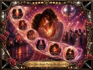A tender couple embraces at the heart of a glowing 1970s disco scene, surrounded by feathered bubbles flowing in an S-curve through stages of love. Rich magenta, rose, amber, violet, and gold shimmer beneath a mirror ball, while an ornate frame of records, roses, cables, lights, and a gold title plate completes the romantic acrylic-style composition.