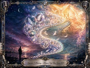 A contemplative figure stands beside a twilight shore as a luminous S-curve of translucent bubbles, feathers, and memories rises toward a radiant celestial gateway. Deep blues and purples transition into glowing gold and pearl light. The richly detailed digital painting is framed with ornate microphones, piano keys, musical flourishes, and an engraved title plate.