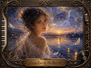 A luminous woman gazes toward the viewer beside a reflective twilight lake, surrounded by drifting feathers, glowing lanterns, and ghostly faces emerging from the violet-blue sky. Warm amber sunset light contrasts with cool blues and gold accents. Rich oil-paint textures and an ornate music-themed bronze frame create a dreamy, contemplative atmosphere.