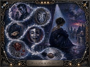 A solitary woman sits beneath cool stage light beside a rain-slicked city, surrounded by an S-shaped stream of feathered memory bubbles showing deception, fractured identity, crossed fingers, broken masks, a fading rose, and dissolving trust. Deep indigo, violet, silver, and crimson tones create a dramatic acrylic-painted atmosphere within an ornate music-inspired frame.