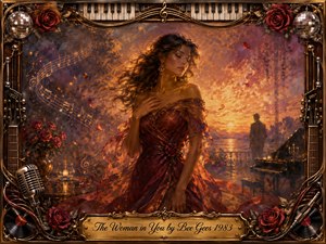 A graceful woman in a flowing burgundy gown stands against a glowing sunset, surrounded by drifting rose petals, musical notes, and soft golden mist. Warm amber, violet, and crimson tones create a romantic, reflective mood. Rich oil-paint textures, a distant silhouette, piano, roses, and ornate musical framing complete the nostalgic composition.