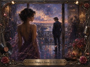 A wistful woman in a flowing violet gown watches a distant man from a rain-slicked balcony overlooking a glowing twilight city. Rich blues, purples, and warm gold create a romantic, melancholic mood. Impressionistic oil brushwork, drifting rose petals, reflections, roses, musical ornaments, and an engraved brass title plate complete the scene.
