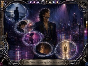 A solitary, stylish figure stands amid a rain-slicked neon city and dim concert stage, surrounded by glowing memory bubbles sweeping in an elegant S-curve. Deep indigo, violet, magenta, silver, and gold lighting create a bittersweet romantic mood. Painterly textures, reflections, music equipment, chrome details, and the engraved frame enhance the nostalgic 1980s atmosphere.