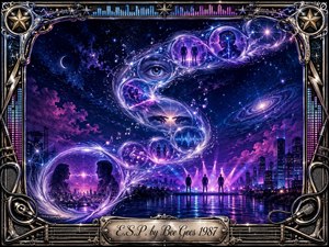 A luminous cosmic cityscape unfolds beneath a star-filled indigo sky, where feathered glass-like bubbles sweep upward in an elegant S-curve, revealing eyes, reaching hands, silhouettes, music notes, and psychic energy. Neon violet, magenta, and blue lighting creates a mysterious romantic mood, framed by ornate chrome musical hardware and glowing equalizer details.