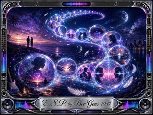 A luminous cosmic seascape unfolds in electric blues, violets, and magentas, where glowing transparent bubbles spiral in an elegant S-curve through a star-filled night. Romantic silhouettes, feathers, eyes, hands, hearts, and musical imagery suggest telepathic connection. A polished chrome audio-themed frame and engraved title plate complete the mystical digital painting.