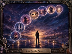 A solitary figure stands on a reflective twilight pier beneath a dramatic indigo and violet sky, contemplating glowing memory bubbles that sweep upward in a graceful S-curve. Romantic silhouettes, reaching hands, a rose, city lights, and a radiant star suggest love and longing, framed by ornate musical instruments, cables, records, and metallic details.