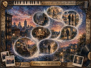 A luminous watercolor cityscape at twilight frames ordinary moments drifting through feather-edged bubbles in a graceful S-curve. Families, couples, a cyclist, and solitary figures suggest memory, routine, and connection. Warm amber lights glow against blue, violet, and rose skies, while musical memorabilia and a brass title plate complete the nostalgic composition.