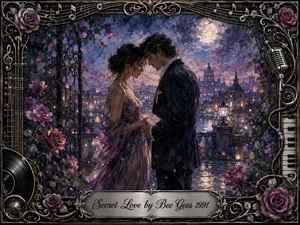 A moonlit couple shares a tender, secret moment on a rose-covered terrace overlooking a glowing city. Deep blues, mauves, violet roses, silver moonlight, and warm amber lights create a romantic, nostalgic mood. Painterly watercolor textures, drifting petals, wrought-iron details, musical ornaments, and an engraved frame enrich the intimate composition.