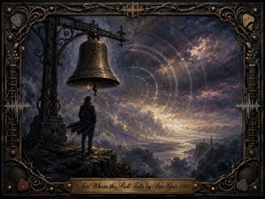 A solitary figure stands beneath a massive weathered bronze bell on a windswept cliff, overlooking a stormy twilight horizon. Concentric sound waves ripple through indigo, violet, and golden clouds, creating a solemn, reflective mood. Painterly textures, dramatic light, and an ornate wrought-iron musical frame deepen the haunting atmosphere.