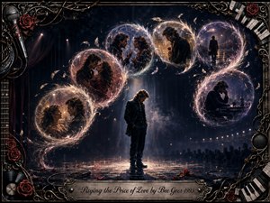 A solitary man stands beneath a dim spotlight on a reflective stage, surrounded by glowing feather-edged bubbles tracing an S-curve of love, conflict, separation, and loneliness. Deep blues, purples, golds, and crimson roses create a melancholic cinematic mood, framed by ornate musical details, chains, piano keys, microphones, and vinyl.