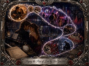 A romantic couple stands beside a piano in a glittering nighttime cityscape, surrounded by feathered bubbles flowing in an S-shaped timeline of love, temptation, heartbreak, and solitude. Deep blues, burgundy, crimson, gold, and silver glow under dramatic stage lighting. Ornate musical metalwork, roses, shattered hearts, and vintage details frame the richly layered digital painting.