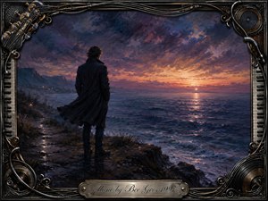 A solitary figure stands on a windswept rocky shore, gazing across a dark ocean toward a distant glowing beacon beneath a dramatic sunset. Rich blues, violets, amber, and rose create a melancholic, yearning mood. Expressive oil-paint textures, shimmering water, and an ornate music-inspired metallic frame deepen the cinematic atmosphere.