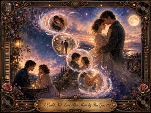 A romantic couple shares tender moments across a moonlit terrace, linked by glowing memory bubbles flowing in a graceful S-curve. Rose, lavender, gold, and deep blue tones create a dreamy atmosphere, illuminated by lanterns, stars, and warm moonlight. Ornate musical framing, roses, vinyl accents, and brass details enhance the painterly fantasy style.