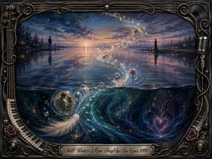 A serene twilight waterscape reveals hidden emotional depths beneath a glassy surface. Two distant figures face each other across reflective blue and violet water while luminous feathers, bubbles, memories, and a rose spiral in an elegant S-curve. Deep turquoise currents glow below, framed by ornate musical metalwork, piano keys, strings, roses, and a vintage microphone.