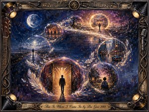 A solitary figure journeys through glowing memory bubbles arranged in a graceful S-curve, linking moonlit roads, city streets, childhood, performance, and homecoming. Deep blues, violets, silver, and warm amber create a reflective, cinematic mood. Rich painterly textures, luminous feathers, and an ornate music-themed frame reinforce themes of return and remembrance.