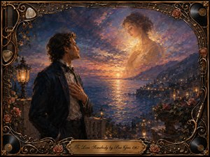 A richly textured oil painting shows a yearning man on a coastal terrace at sunset, gazing toward a luminous woman appearing dreamlike above the sea. Twilight blues, violets, amber, and rose tones create a tender, wistful mood. Ornate musical filigree, roses, records, strings, and an engraved brass title plate frame the scene.