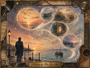 A solitary figure stands beside a tranquil harbor at sunset, surrounded by glowing memory bubbles that curve through the sky in a graceful S-shape. Warm gold, coral, blue, and lavender tones create a wistful, dreamlike mood. Watercolor-like textures, feathered light, boats, birds, and a music-themed vintage frame enrich the nostalgic composition.