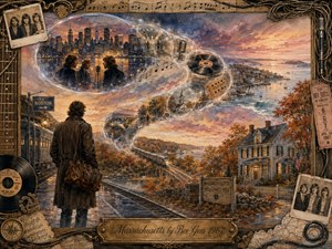 A solitary traveler stands beside rain-darkened railway tracks, contemplating a return to Massachusetts as translucent memory bubbles sweep in an S-curve through city lights, music, trains, churches, and coastal New England. Warm amber, russet, blue, and rose dusk tones create a wistful watercolor-collage atmosphere framed with vintage musical memorabilia.