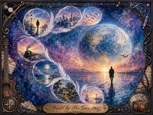 A solitary figure stands beside reflective water beneath a luminous Earth-like globe, surrounded by feather-edged memory bubbles of cities, trains, moonlit seas, birds, and home. Rich blues, violets, golds, and soft rose light create a wistful, dreamlike mood, framed with ornate musical and travel motifs.